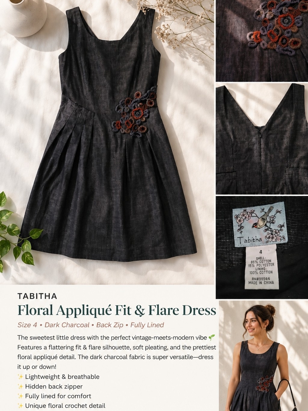 Tabitha Floral Appliqué Fit & Flare Dress in Dark Charcoal